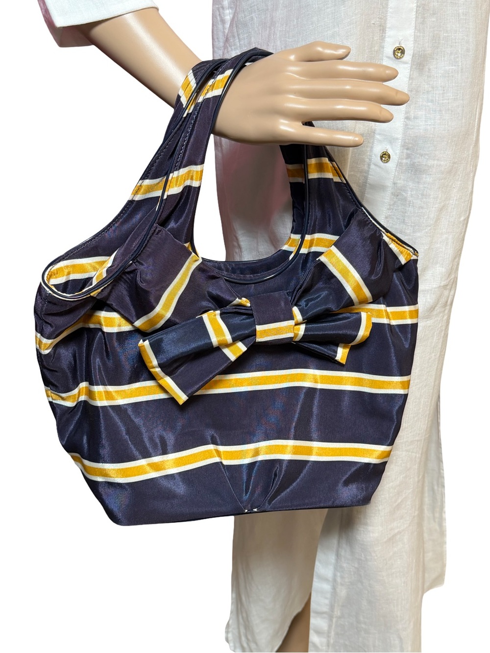 Kate Spade Pre-Loved Navy Striped Bow-Accent Purse Tote Bag (P229)